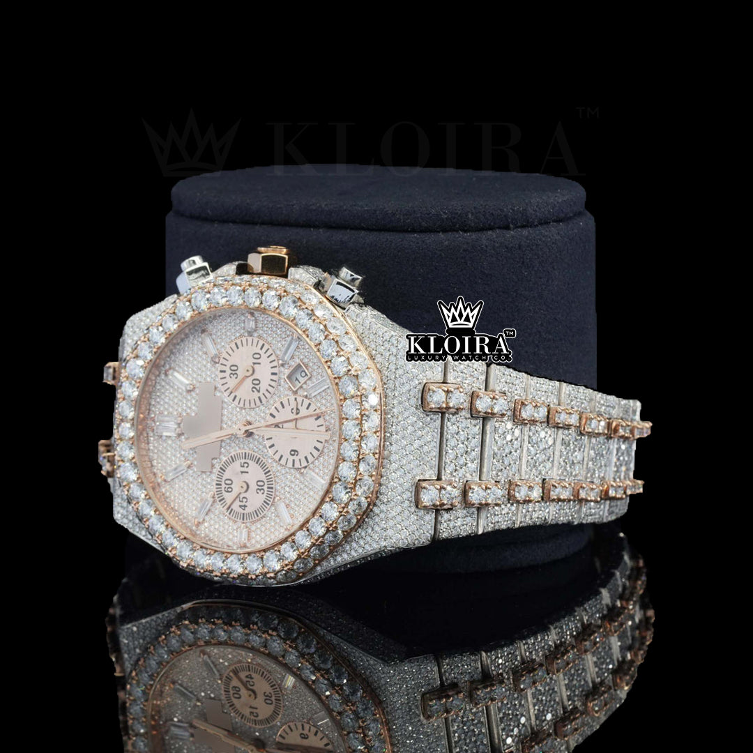 Chrono Moissanite Diamond Watch Rose 14K Gold VVS 30 Carat 42mm Front