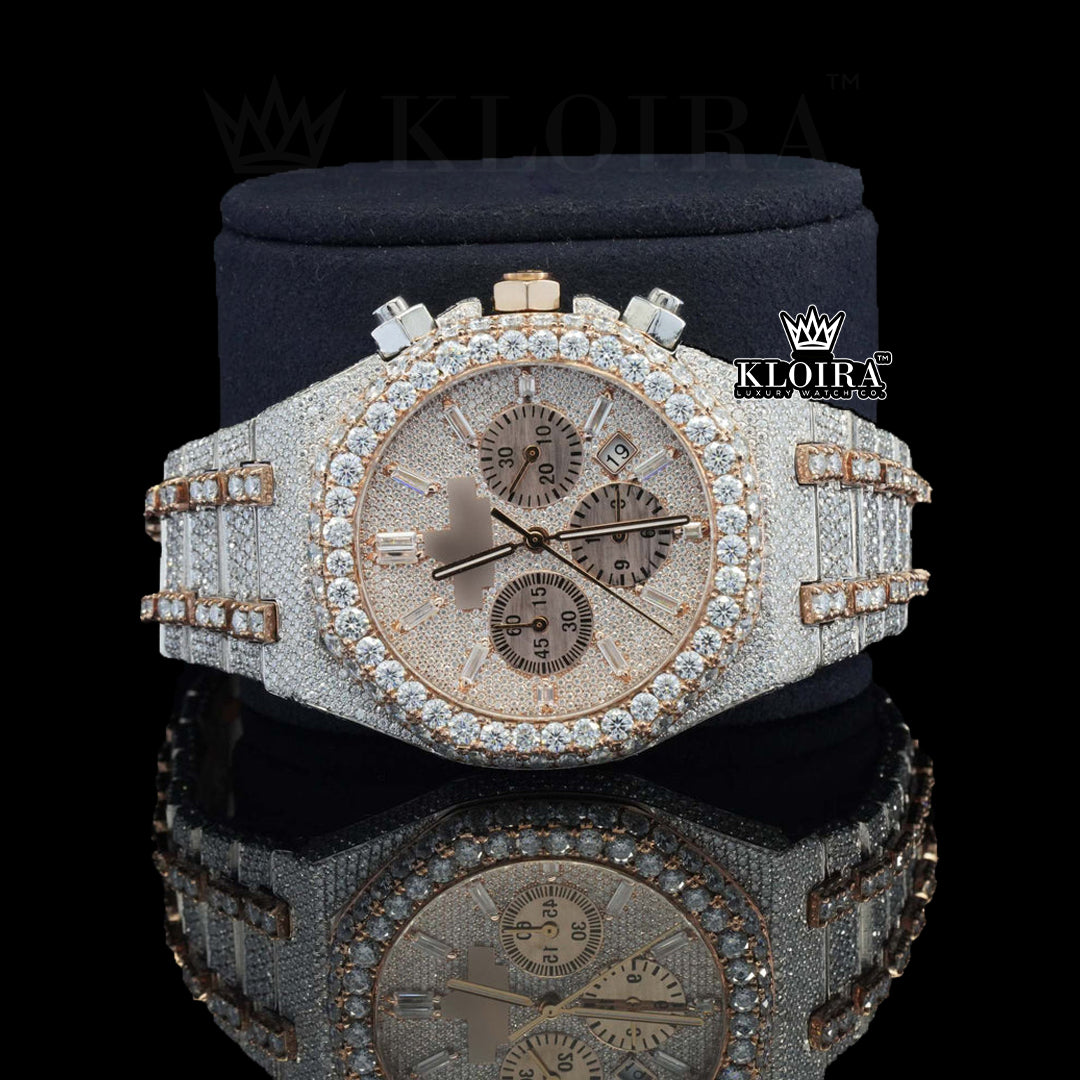 Chrono Moissanite Diamond Watch Rose 14K Gold VVS 30 Carat 42mm Front