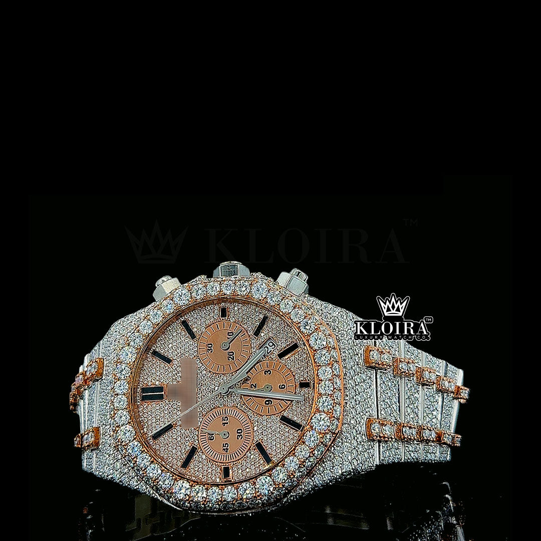 Chronograph Dial Royal Oak Moissanite Diamond Watch Rose 14K Gold VVS 29 Carat 41mm Front