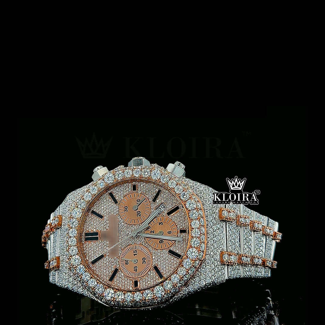 Two-tone iced out moissanite watch with rose gold and diamond accents, automatic movement, and luxury design.