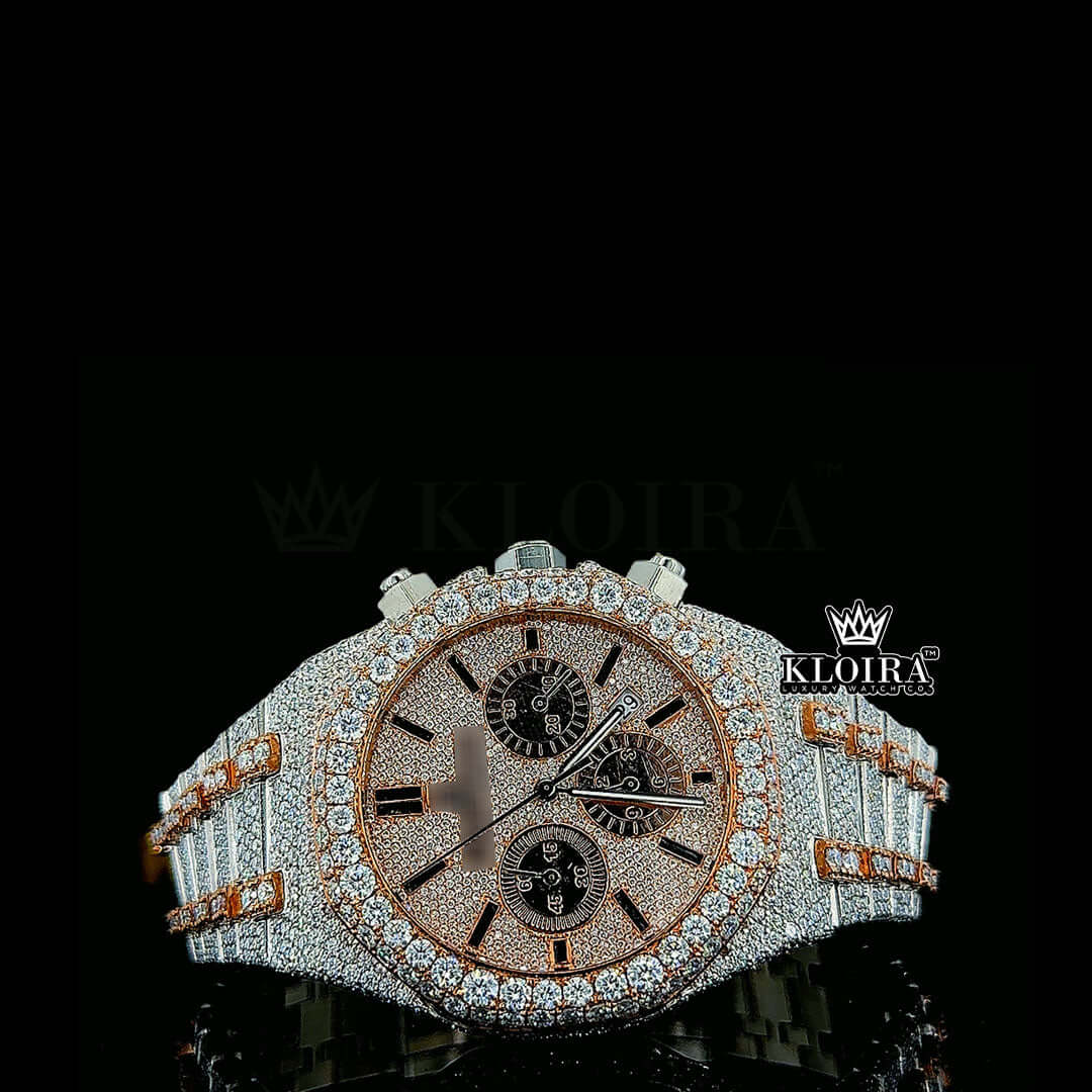 Two-tone iced out moissanite watch with rose gold and diamond accents, automatic movement, and luxury design.