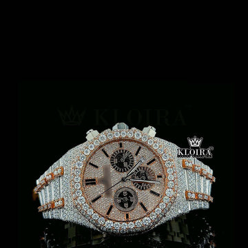 Two-tone iced out moissanite watch with rose gold and diamond accents, automatic movement, and luxury design.