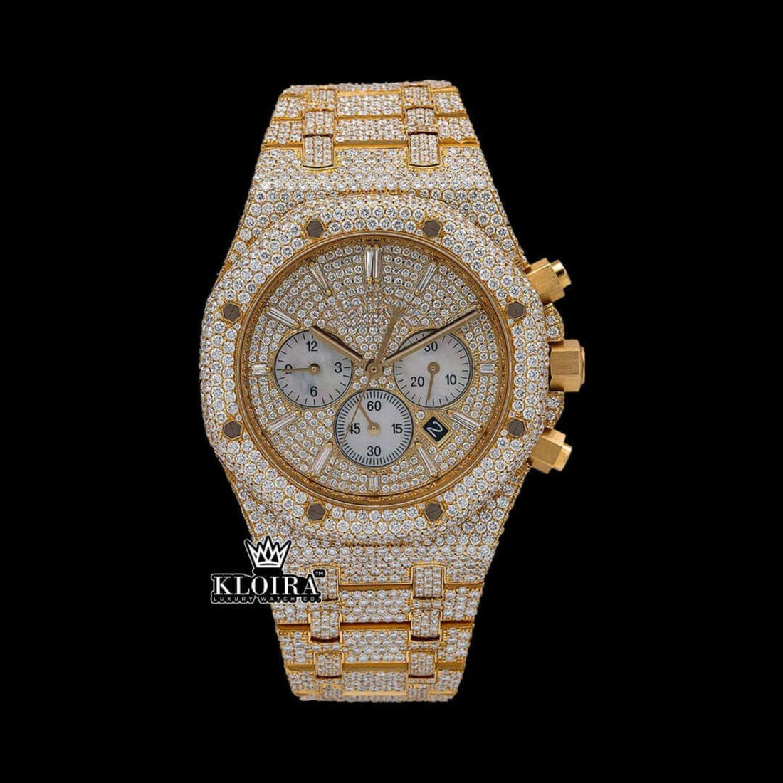 Chronograph Diamond Markers Yellow Gold Moissanite Diamond Watch Front View
