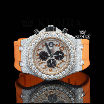 Arabic Dial iced out Moissanite Diamond watch with orange rubber strap and bright rose dial, showcasing 1400 VVS clarity stones.