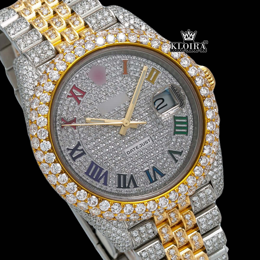 Color Crown Moissanite Diamond Watch 14K Gold VVS 20 Carat 42mm Front