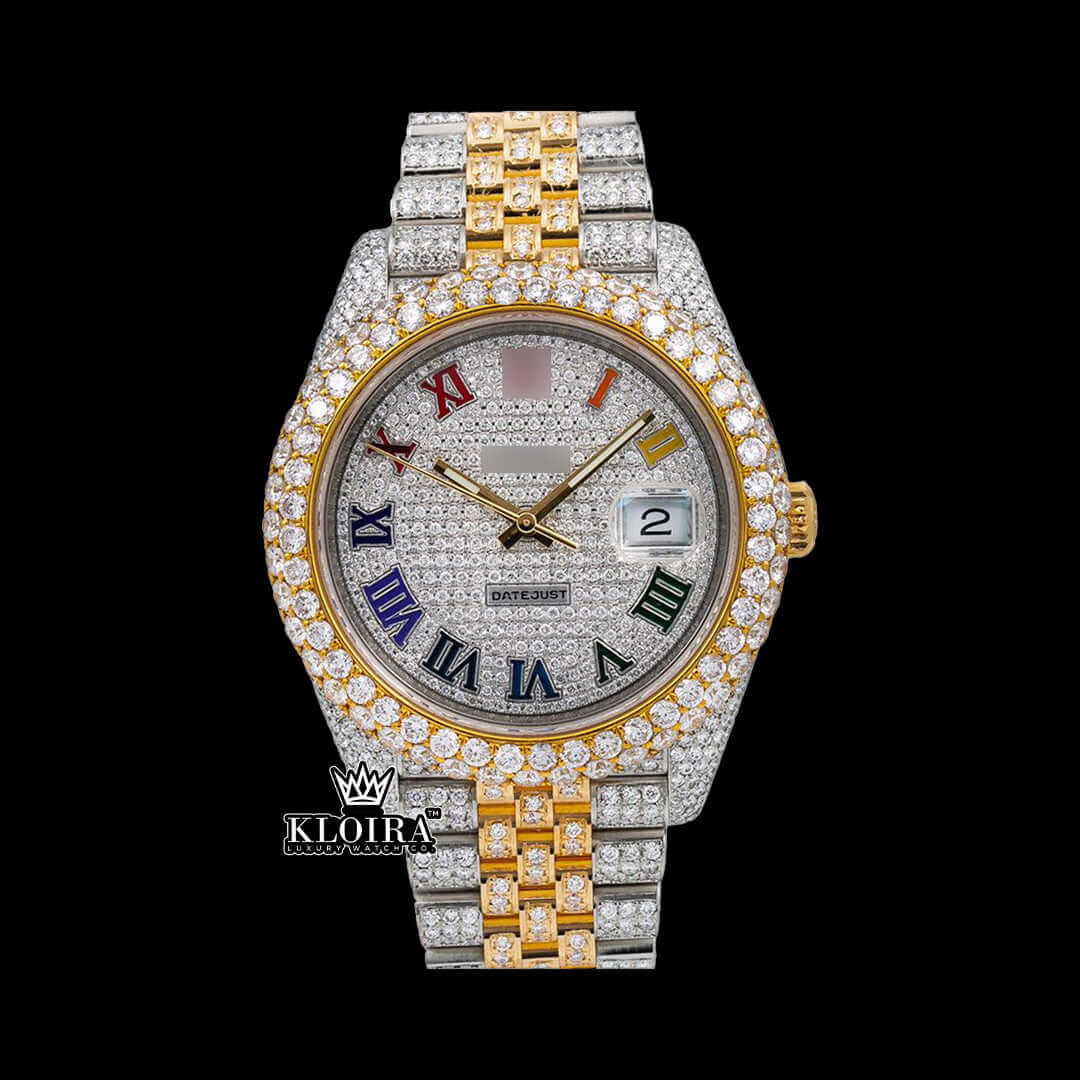 Color Crown Moissanite Diamond Watch 14K Gold VVS 20 Carat 42mm Front
