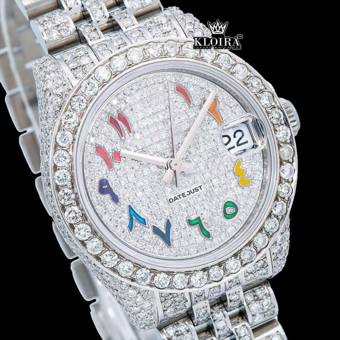 Colorful Elegance Moissanite Diamond Watch 14K Gold VVS 18 Carat 42mm Front View