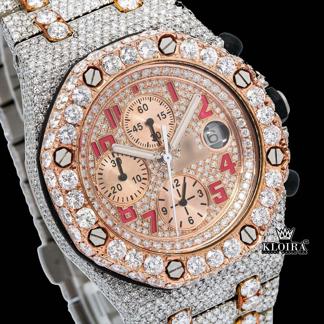 Two tone red numerals iced out moissanite diamond chrono watch with sparkling details and rose dial.
