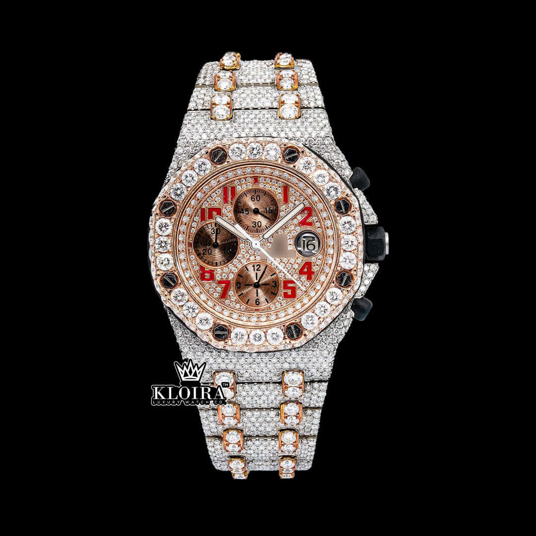 Two tone red numerals iced out moissanite diamond chrono watch with sparkling details and rose dial.