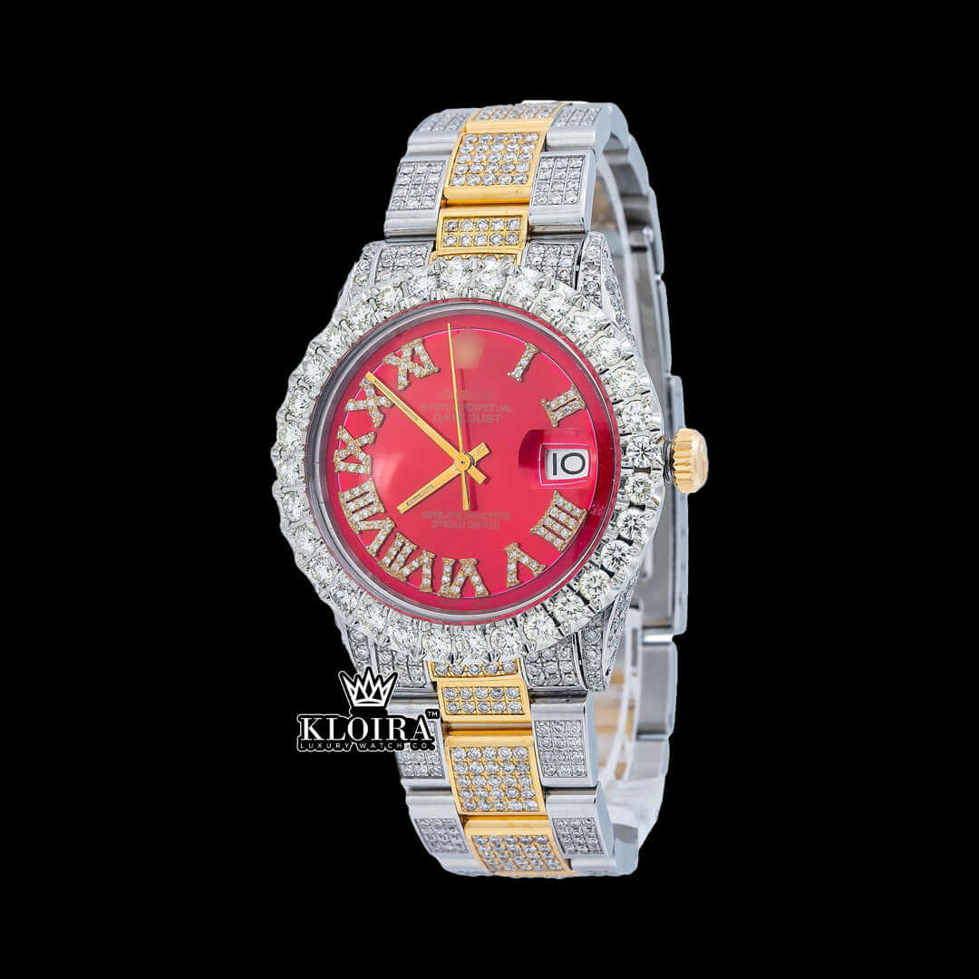 Crimson Glint Moissanite Diamond Watch 14K Gold VVS 20 Carat 42mm Front