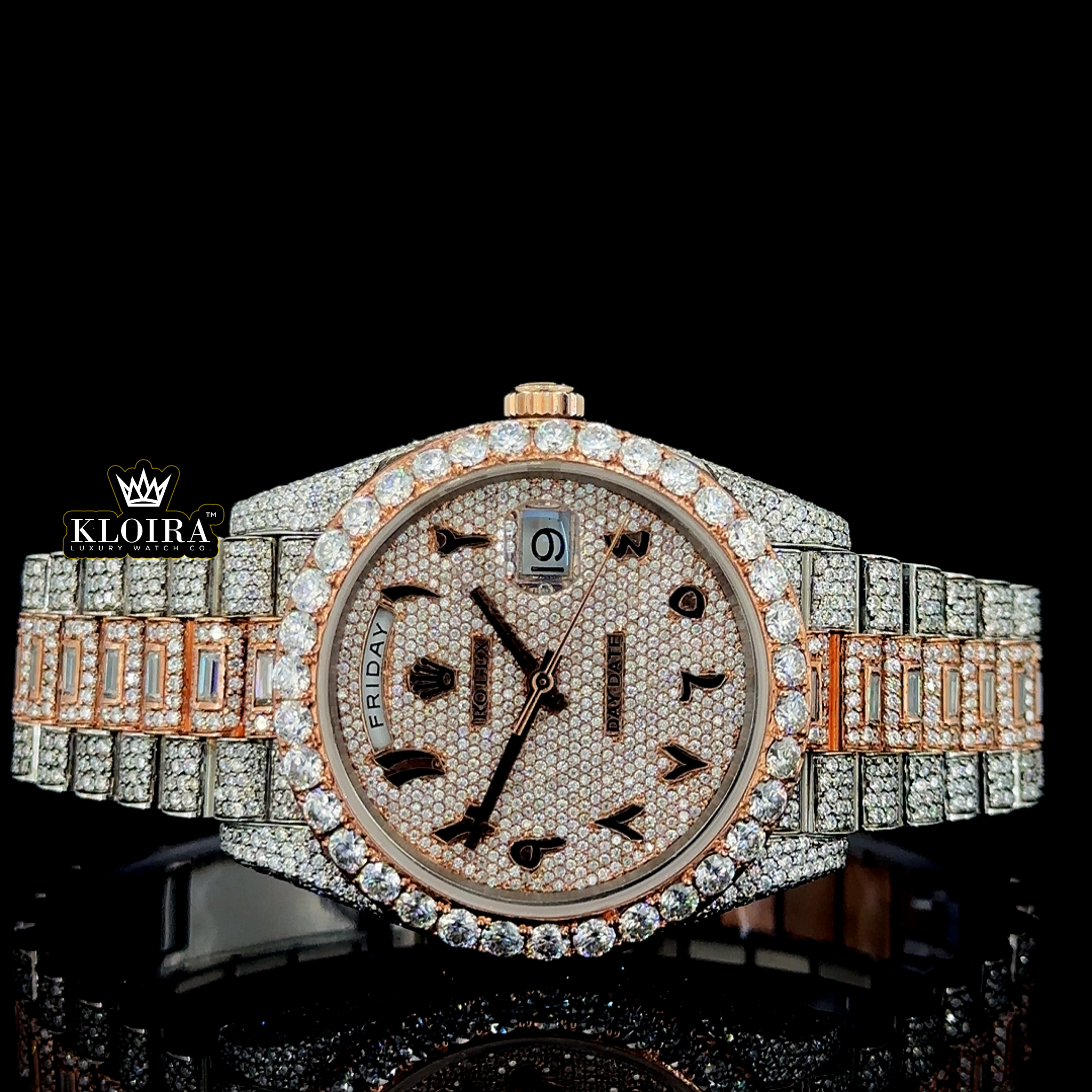Custom Rolex Day Date Two Tone Arabic Moissanite Watch Front View 