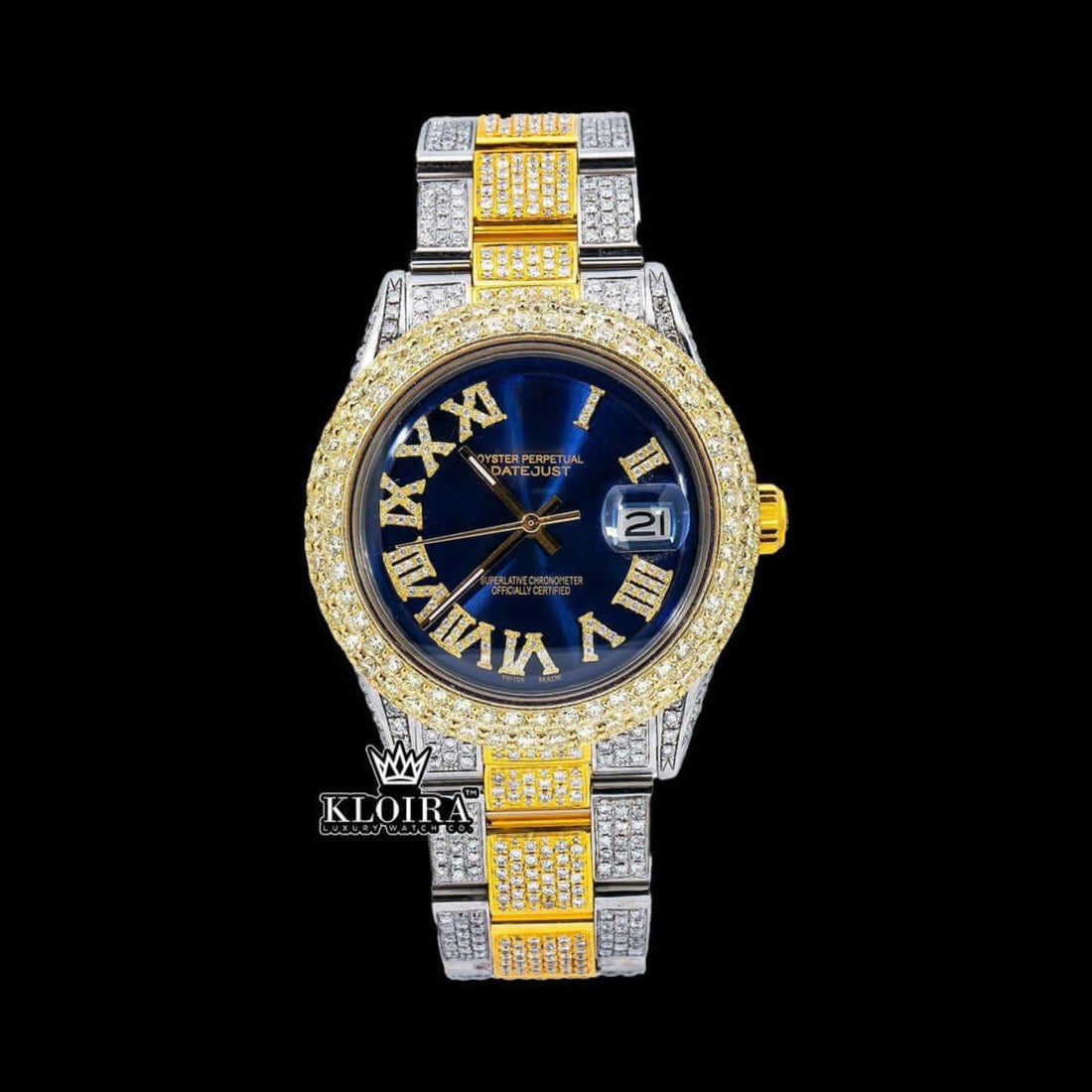 Date Display Blue Roman Dial VVS Moissanite Diamond Watch 14K Gold 42mm Front View