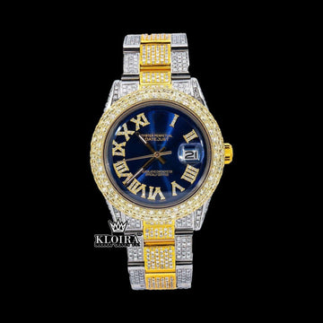 Date Display Blue Roman Dial VVS Moissanite Diamond Watch 14K Gold 42mm Front View
