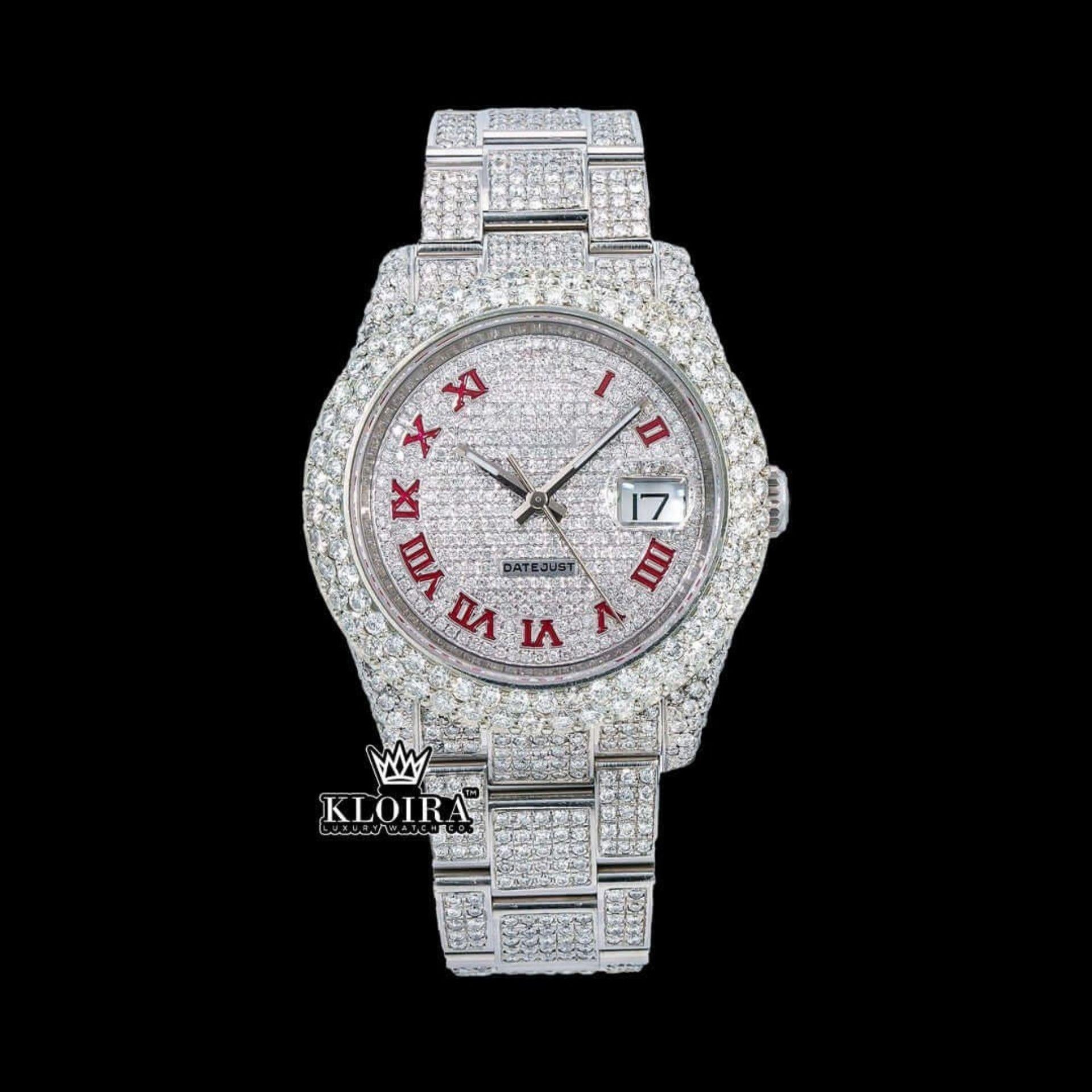 Date Display Iced Out Red Roman Numeral Moissanite Watch 42mm Front View