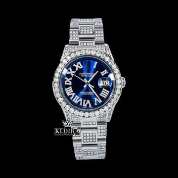 Datejust 41 Inspired Blue Roman Dial Custom Moissanite Watch 14K Gold 42mm Font View
