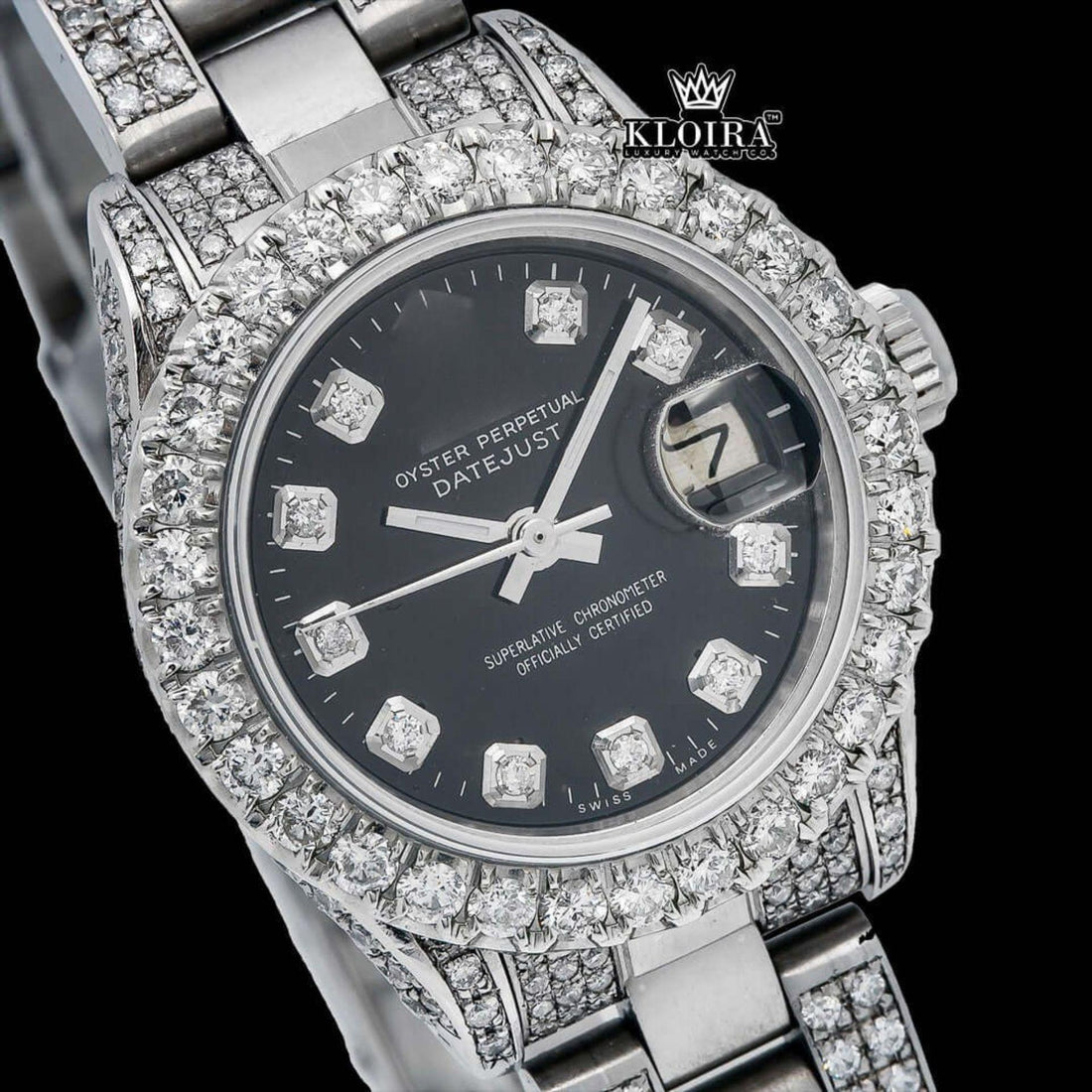 Datejust Black Dial Moissanite Diamond Watch 14K Gold VVS 19 Ct 42mm Front View
