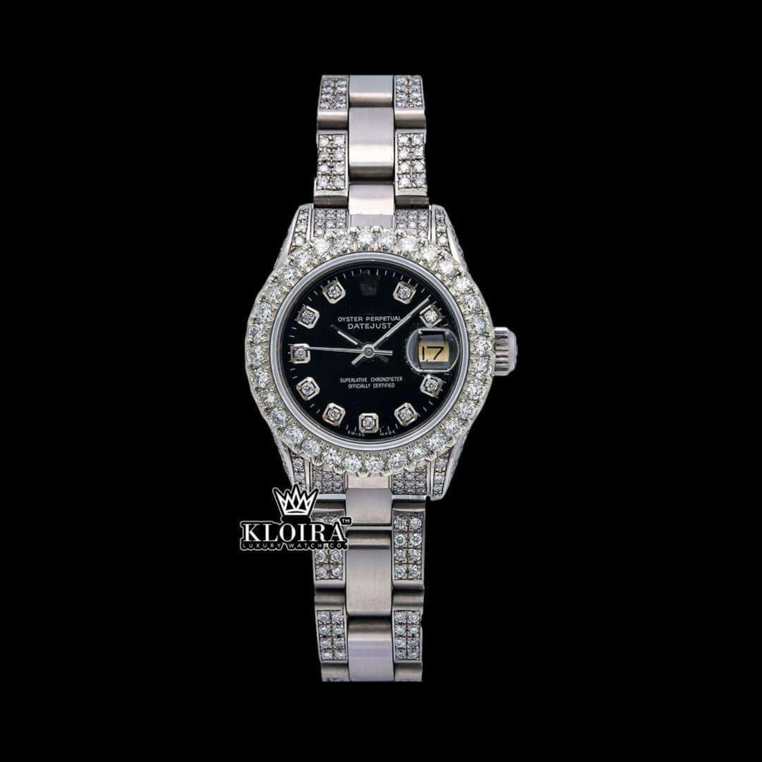 Datejust Black Dial Moissanite Diamond Watch 14K Gold VVS 19 Ct 42mm Front View