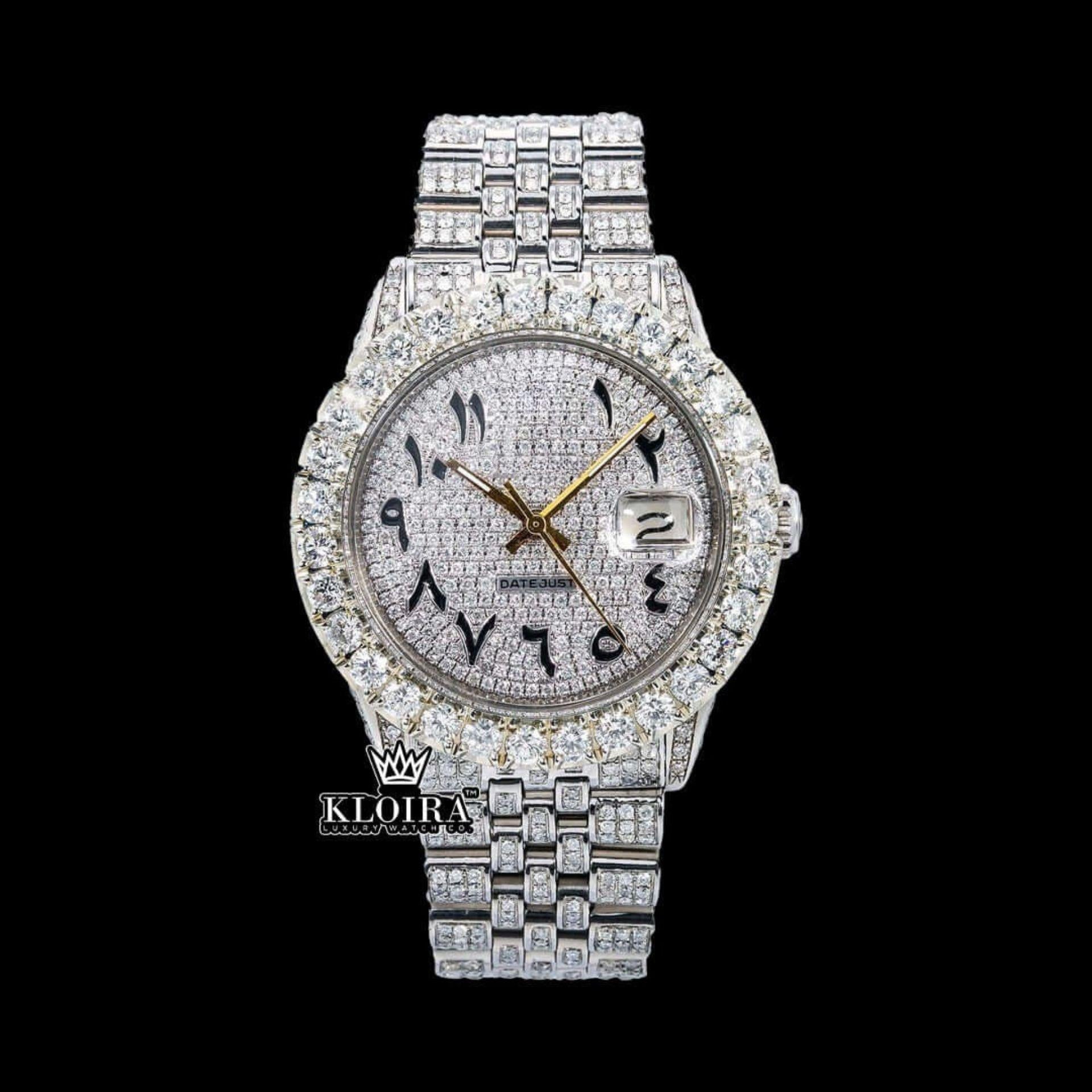 Datejust Iced Out Arabic Dial Moissanite Watch 14K Gold VVS 18 Ct 42mm Front View