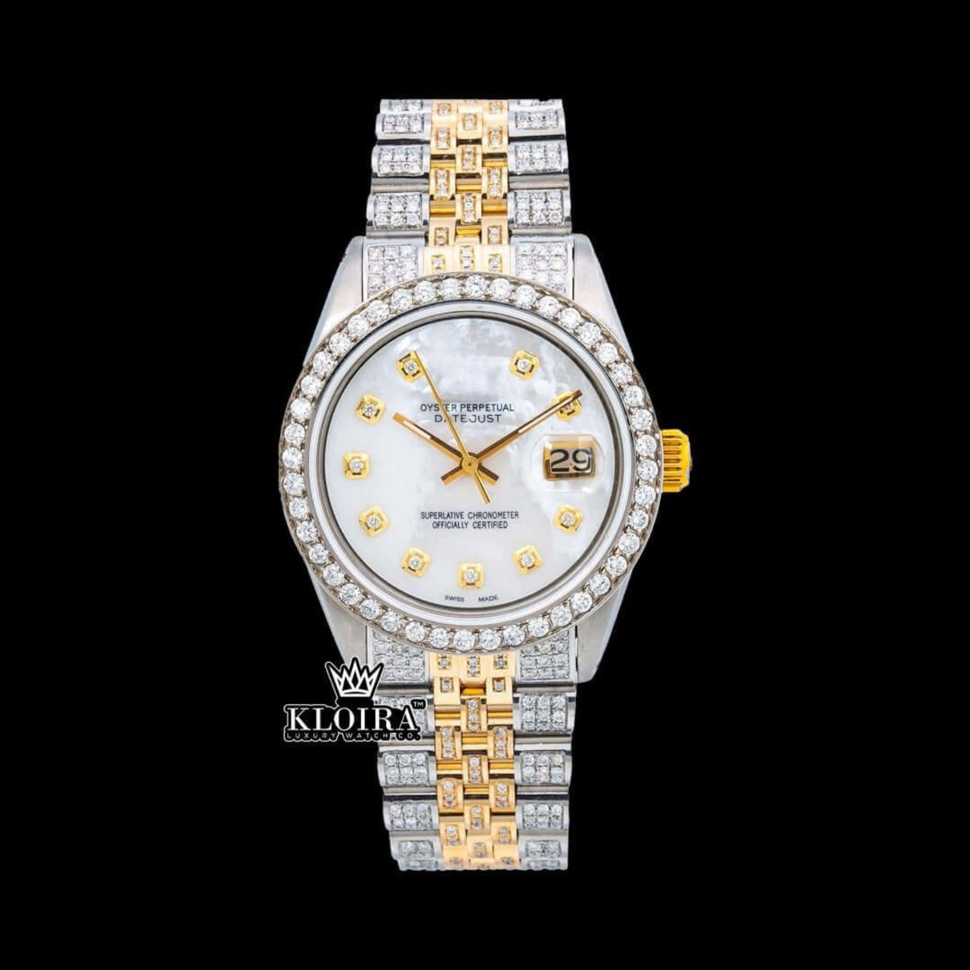 Datejust Mother of Pearl Moissanite Watch 14K Gold VVS 18 Carat 42mm Front View
