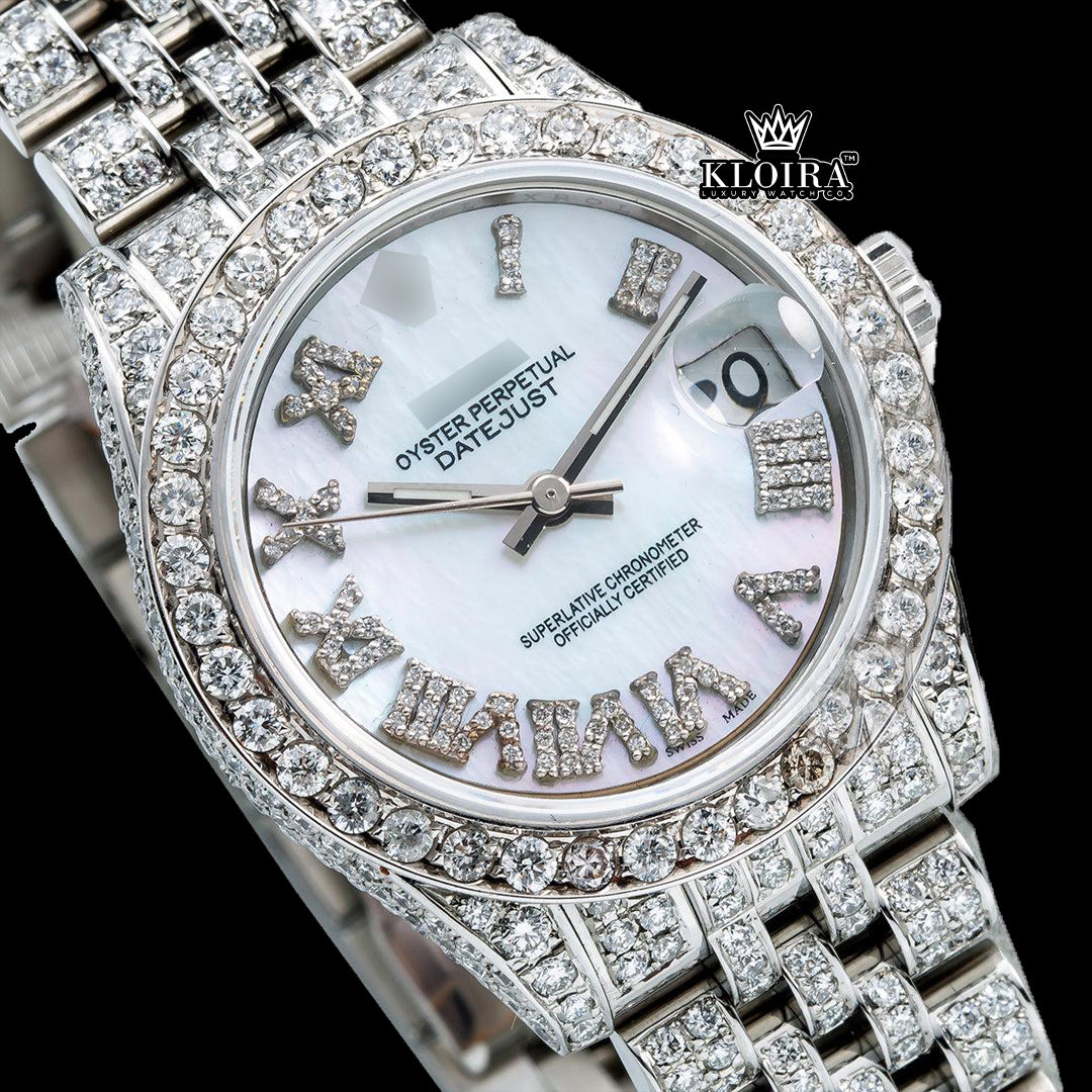 Luxury iced out elegance Datejust Rolex Moissanite Watch front view featuring diamond bezel and roman numeral dial