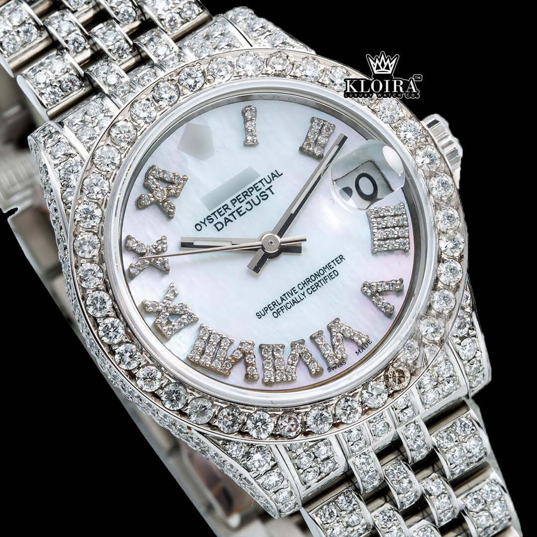 Luxury iced out elegance Datejust Rolex Moissanite Watch front view featuring diamond bezel and roman numeral dial
