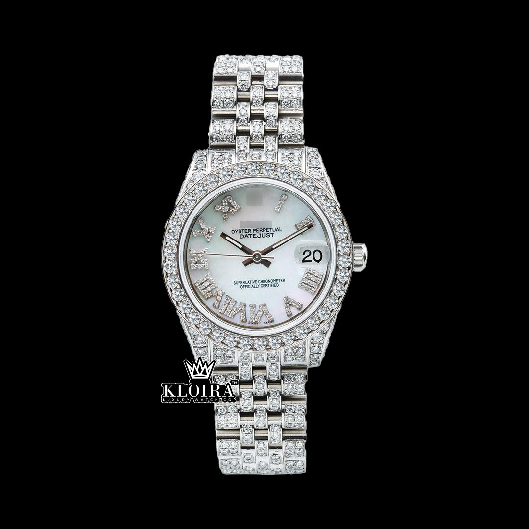 Luxury iced out elegance Datejust Rolex Moissanite Watch front view featuring diamond bezel and roman numeral dial