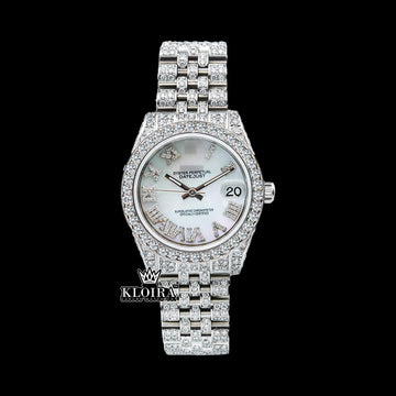 Luxury iced out elegance Datejust Rolex Moissanite Watch front view featuring diamond bezel and roman numeral dial