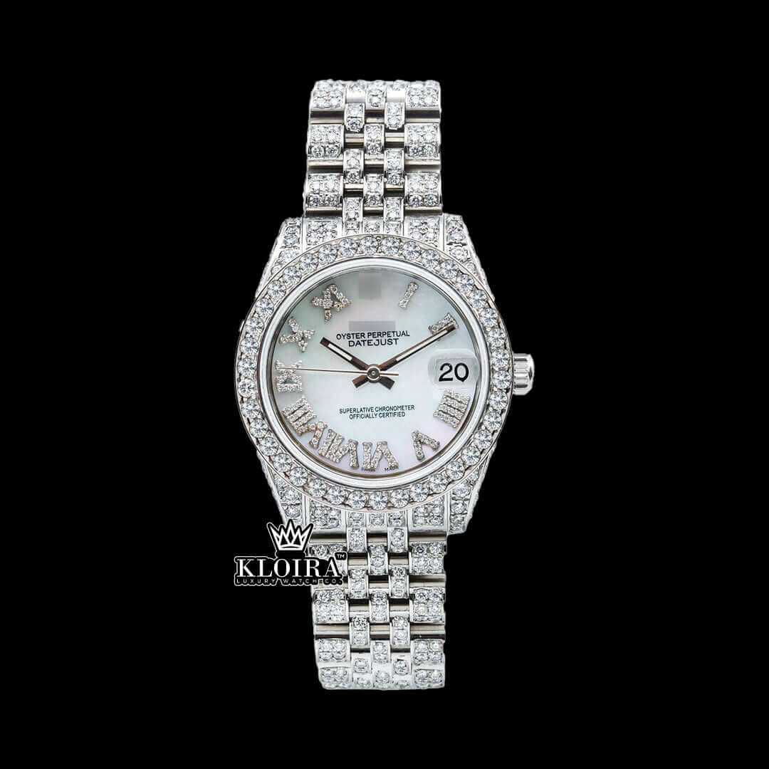Luxury iced out elegance Datejust Rolex Moissanite Watch front view featuring diamond bezel and roman numeral dial