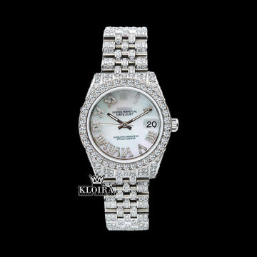 Luxury iced out elegance Datejust Rolex Moissanite Watch front view featuring diamond bezel and roman numeral dial