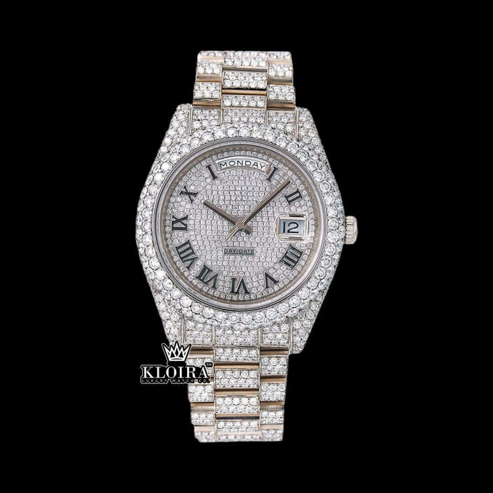 Day-Date Display Roman Dial Full Iced Out Moissanite Watch 14K Gold 42mm Front View