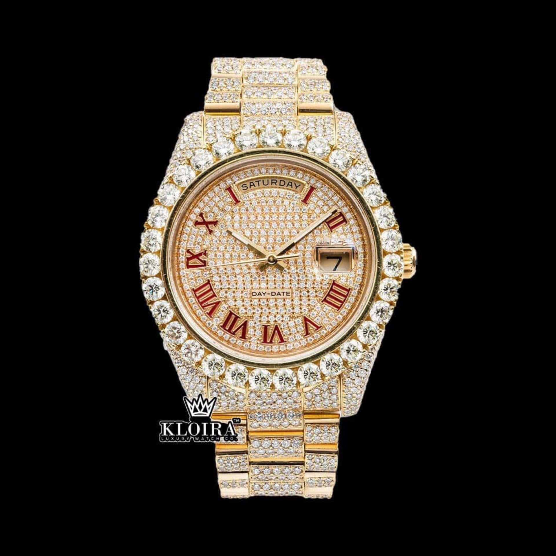Day-Date Iced Watch Out Red Roman Numeral 14K Gold VVS 20 Ct 42mm Front View
