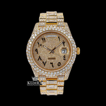 Day Date Display Black Arabic Numerals Dial Moissanite Diamond Watch Front View