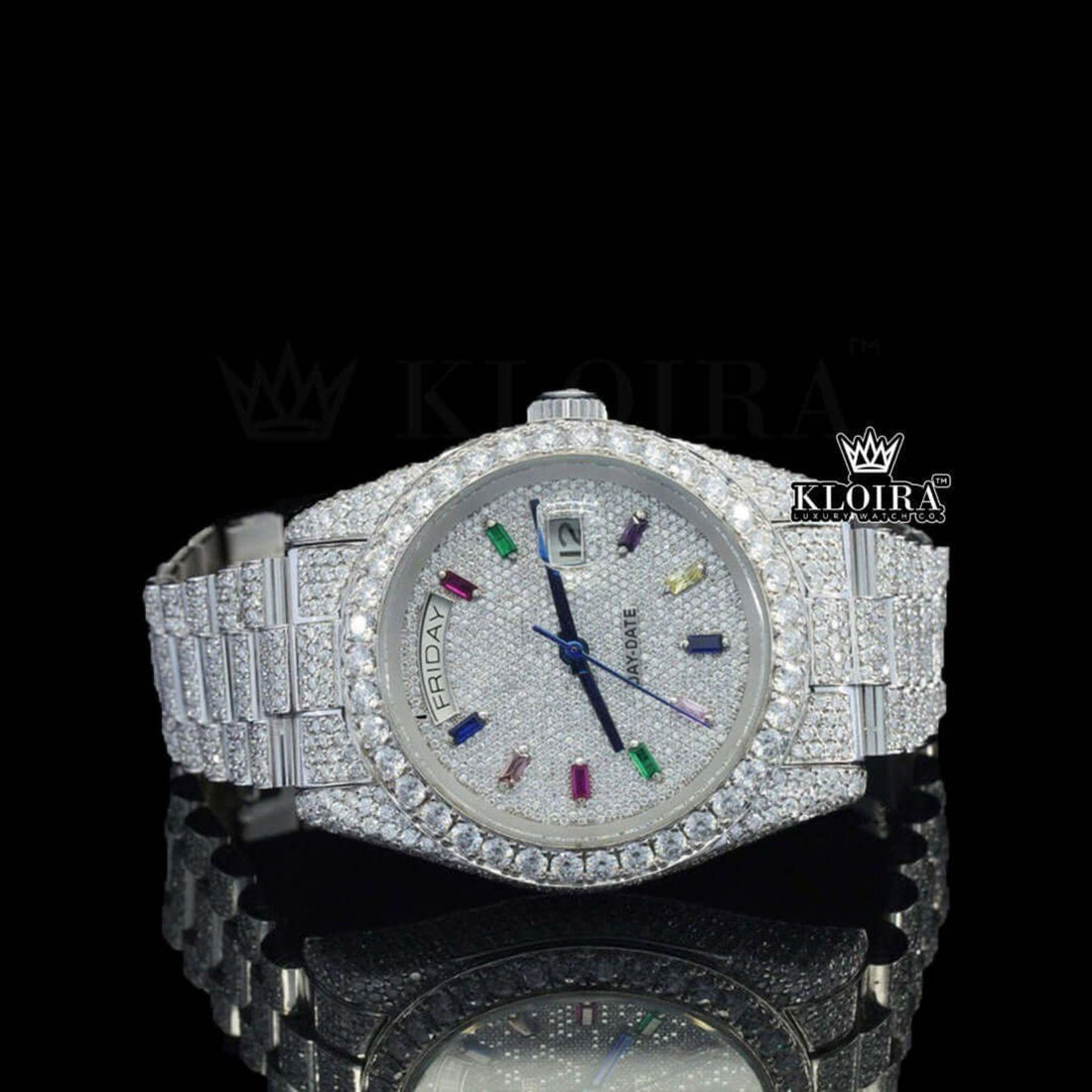 Day Date Display Rainbow Stick Markers Dial Full Iced Out Moissanite Watch Front View