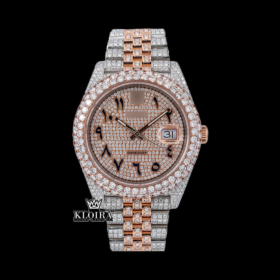 Two Tone Rolex Arabic Dial Datejust Moissanite Diamond Watch with sparkling diamonds and rose gold Arabic dial.