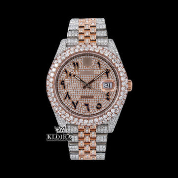 Two Tone Rolex Arabic Dial Datejust Moissanite Diamond Watch with sparkling diamonds and rose gold Arabic dial.