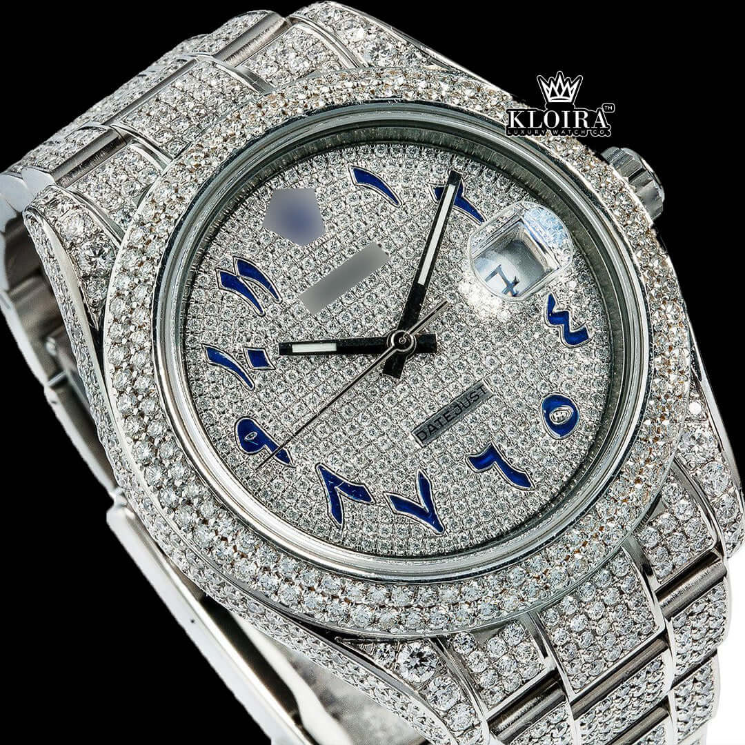 Iced Out Datejust Rolex watch with blue Arabic dial, moissanite diamonds, and 14K gold featuring a luxury design.