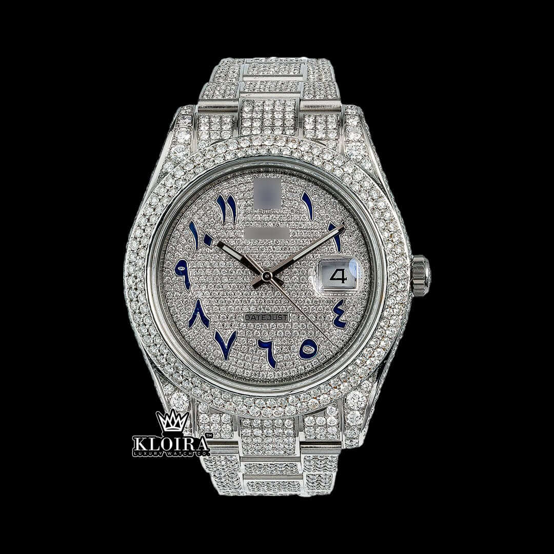 Iced Out Datejust Rolex watch with blue Arabic dial, moissanite diamonds, and 14K gold featuring a luxury design.