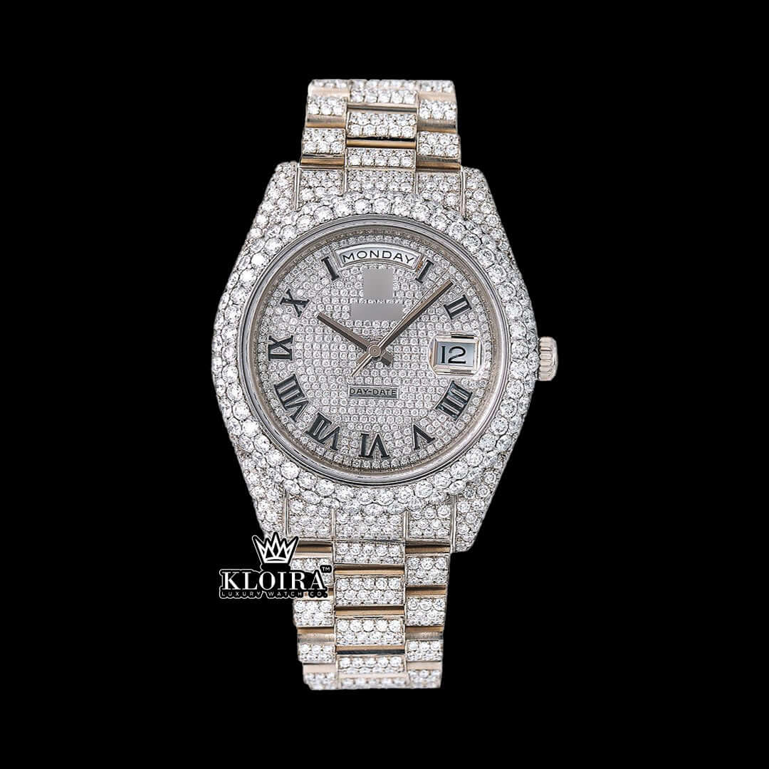 Rolex Day-Date Presidential Iced Out Moissanite Watch in 14K gold, featuring a dazzling diamond-encrusted design.