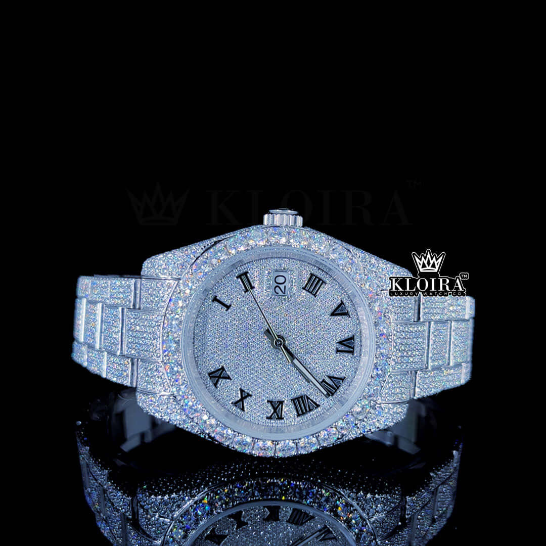 Iced Out Moissanite Rolex with a dazzling silver dial and diamond-encrusted case, exuding luxury and style.