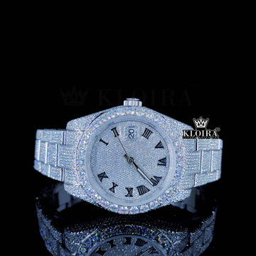 Iced Out Moissanite Rolex with a dazzling silver dial and diamond-encrusted case, exuding luxury and style.
