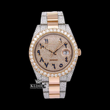 Diamond Bezel Black Arabic Numerals Dial Two Tone Iced Out Moissanite Watch Front View