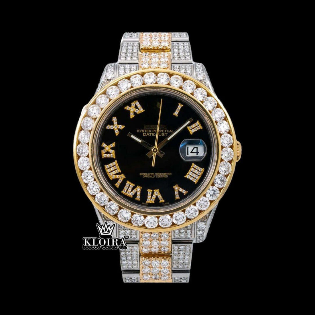 Diamond Bezel Black Dial Roman Numerals Two Tone Iced Out Moissanite Watch Front View