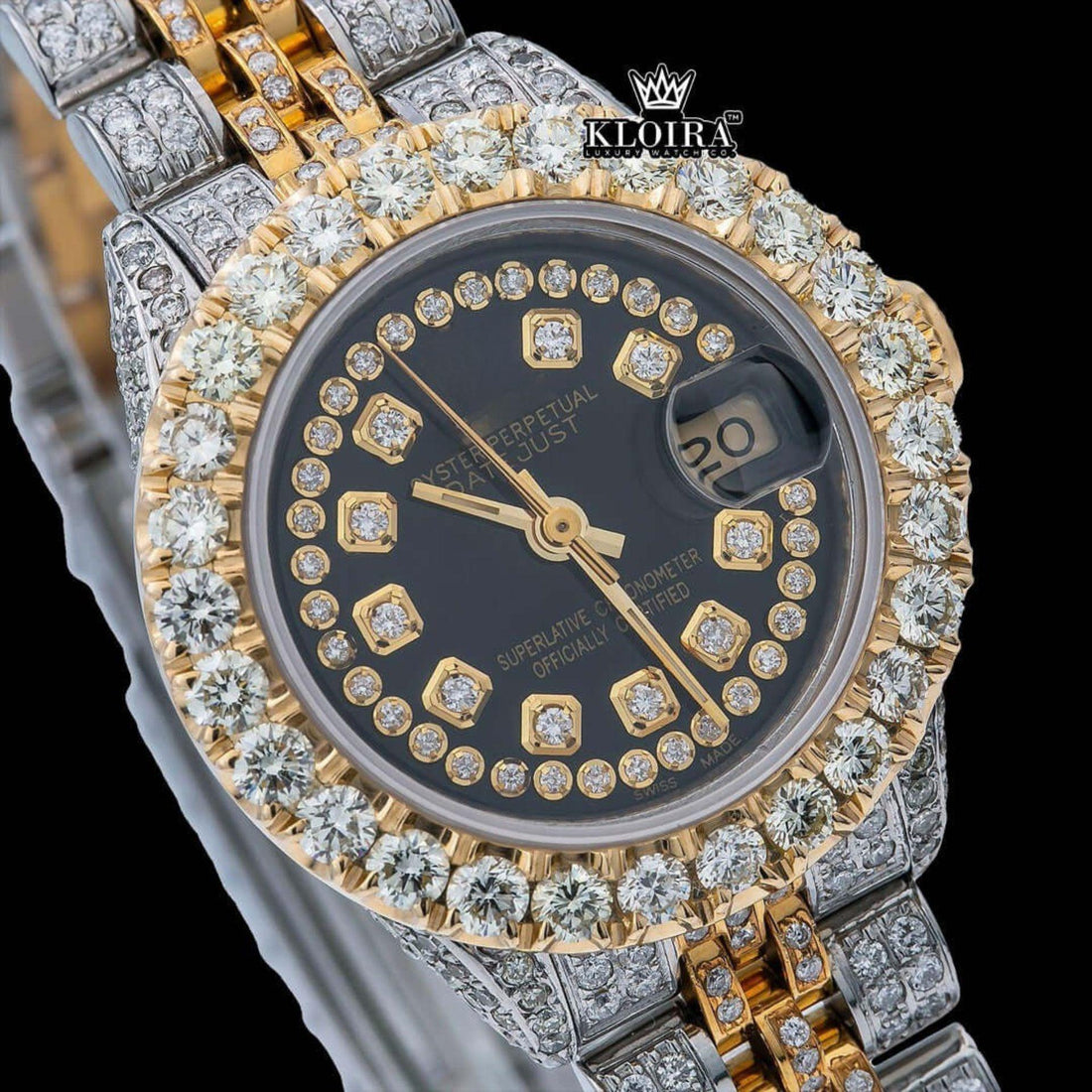 Diamond Bezel Black Dial Two Tone Iced Out Moissanite Watch Front View