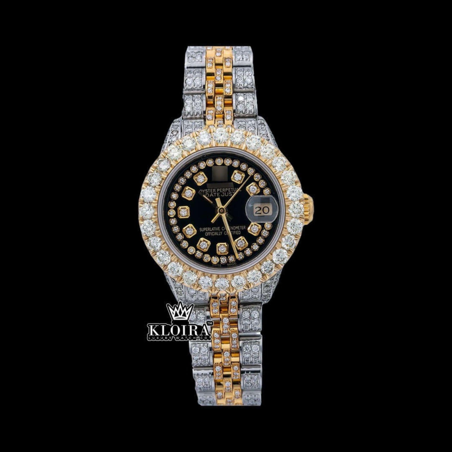 Diamond Bezel Black Dial Two Tone Iced Out Moissanite Watch Front View