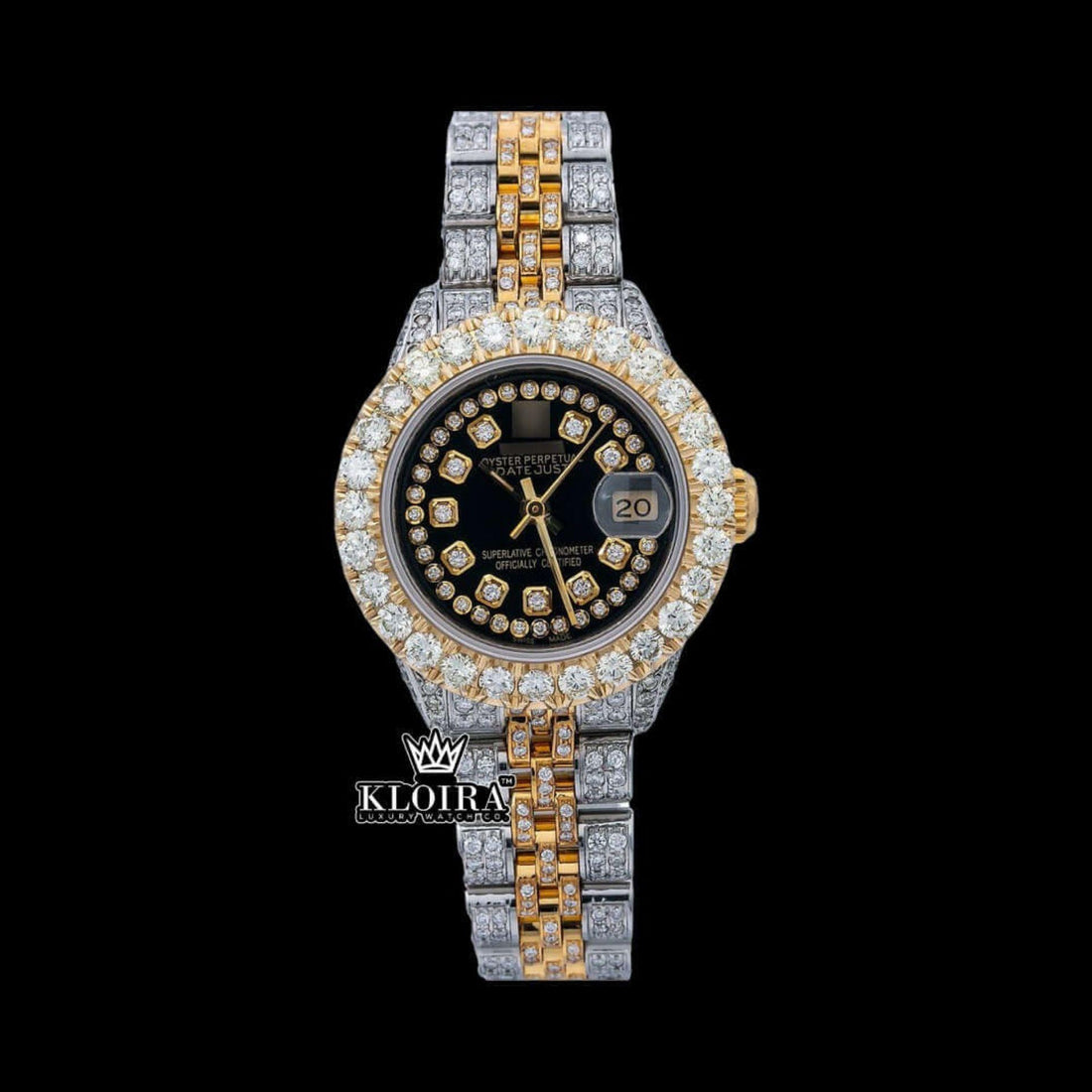 Diamond Bezel Black Dial Two Tone Iced Out Moissanite Watch Front View
