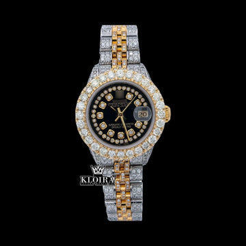 Diamond Bezel Black Dial Two Tone Iced Out Moissanite Watch Front View