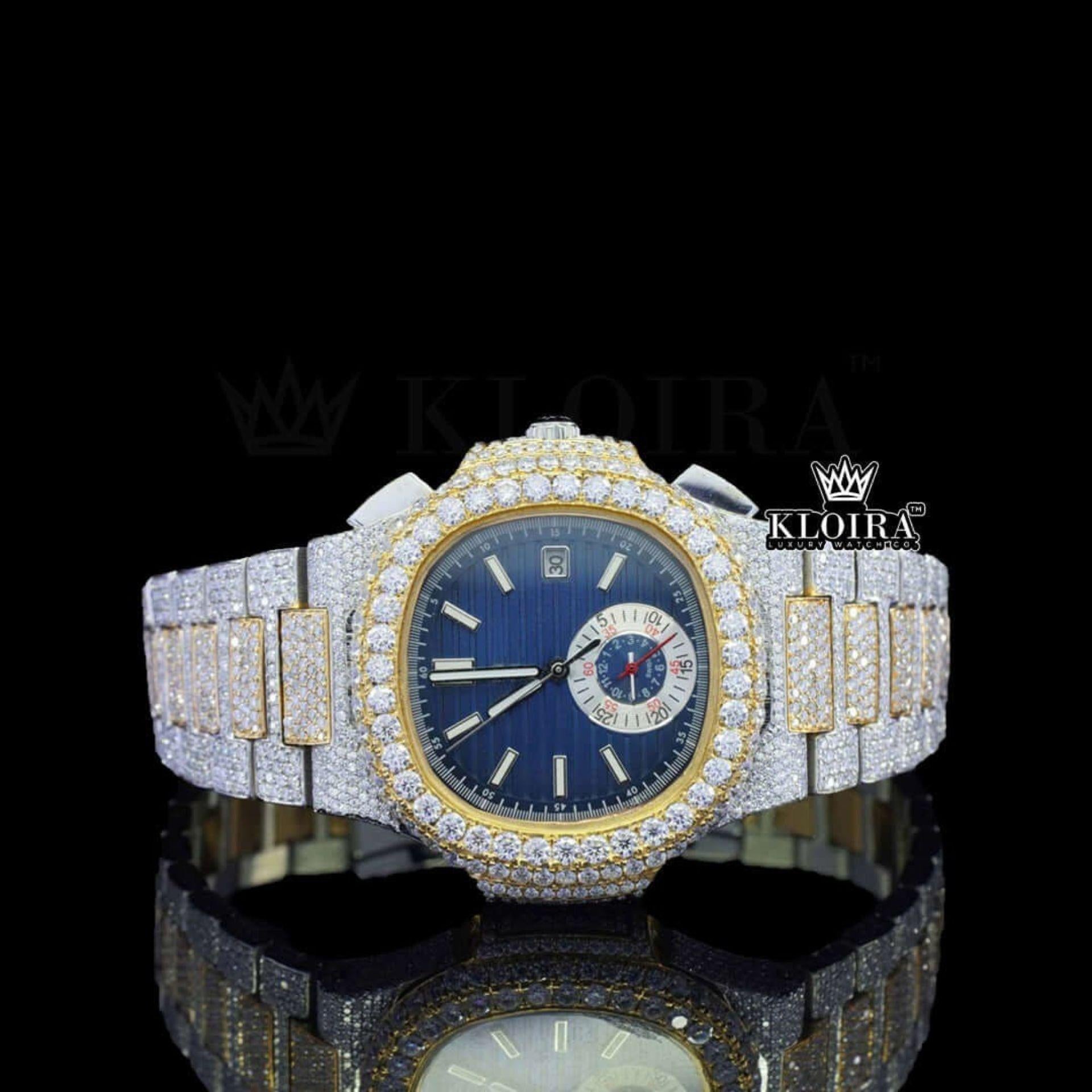 Diamond Bezel Blue Chronograph Dial Two Tone Moissanite Watch Front View