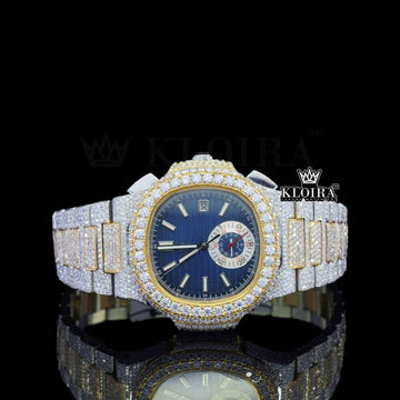 Diamond Bezel Blue Chronograph Dial Two Tone Moissanite Watch Front View