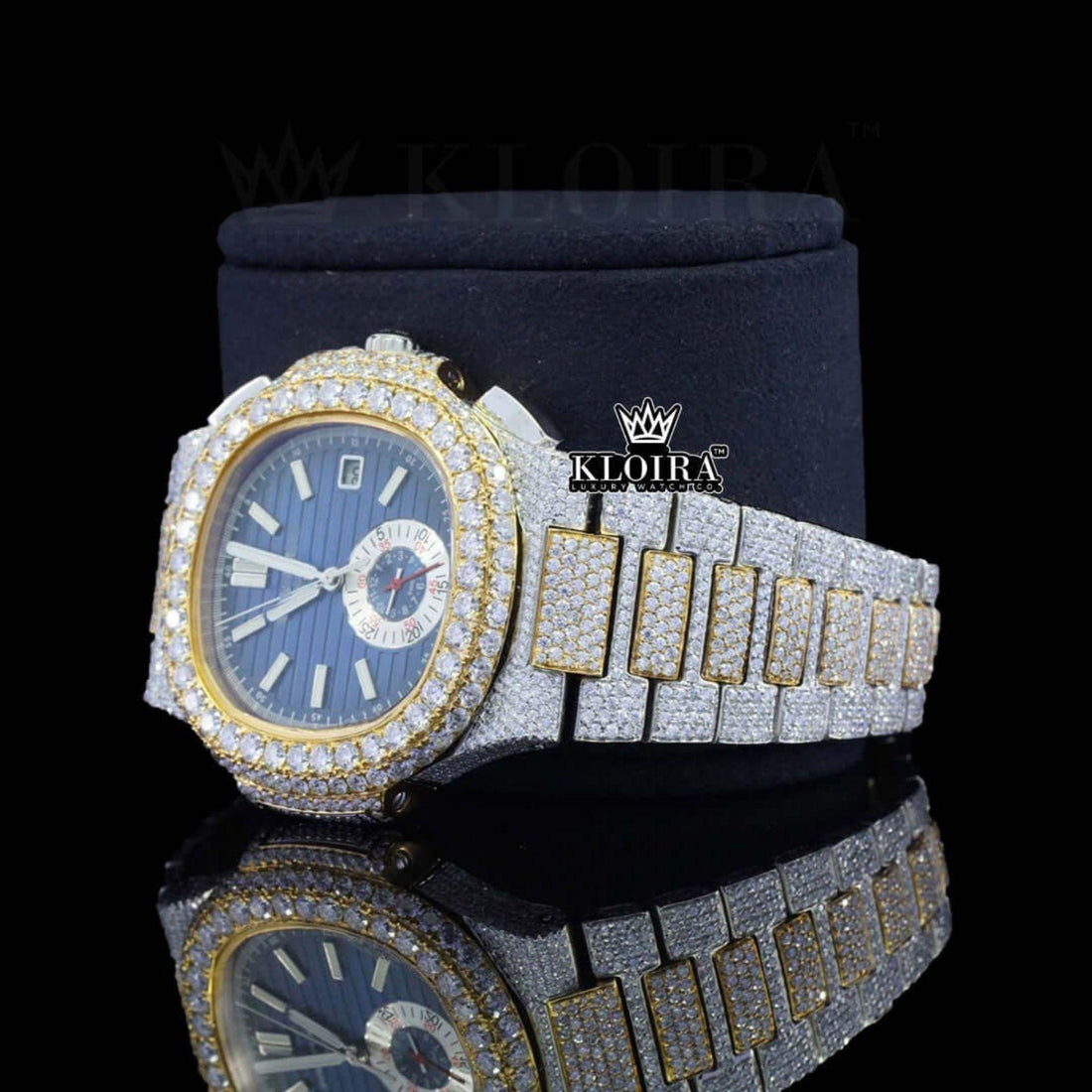 Diamond Bezel Blue Chronograph Dial Two Tone Moissanite Watch Front View