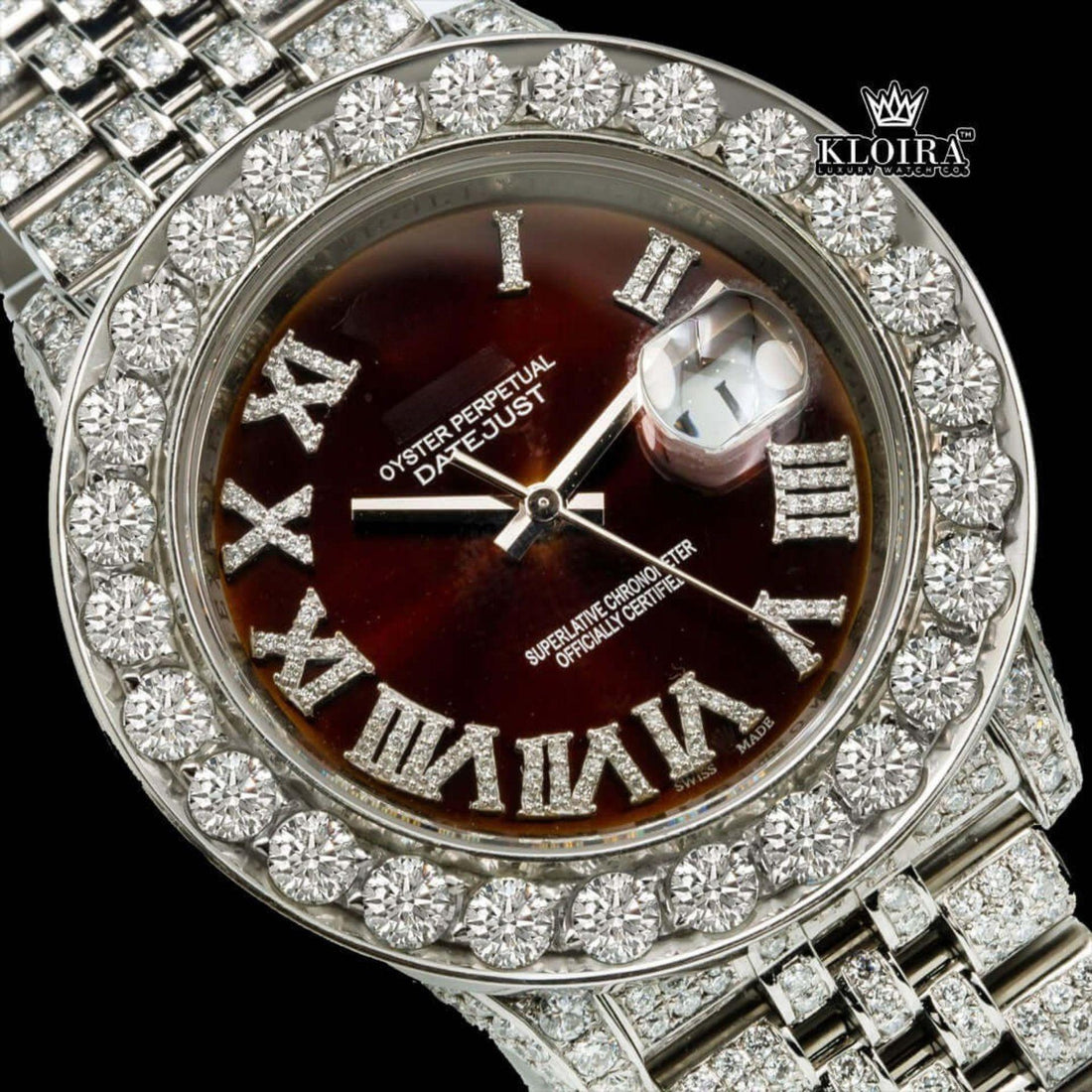 Diamond Bezel Brown Dial Roman Numerals Fully Iced Moissanite Watch Front View